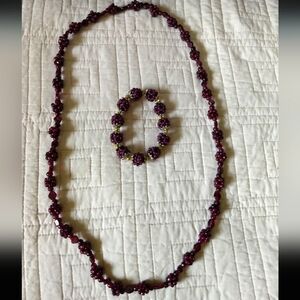 Set of Antique Bohemian Dark Red Grape Garnet Cluster Beaded Necklace & Bracelet